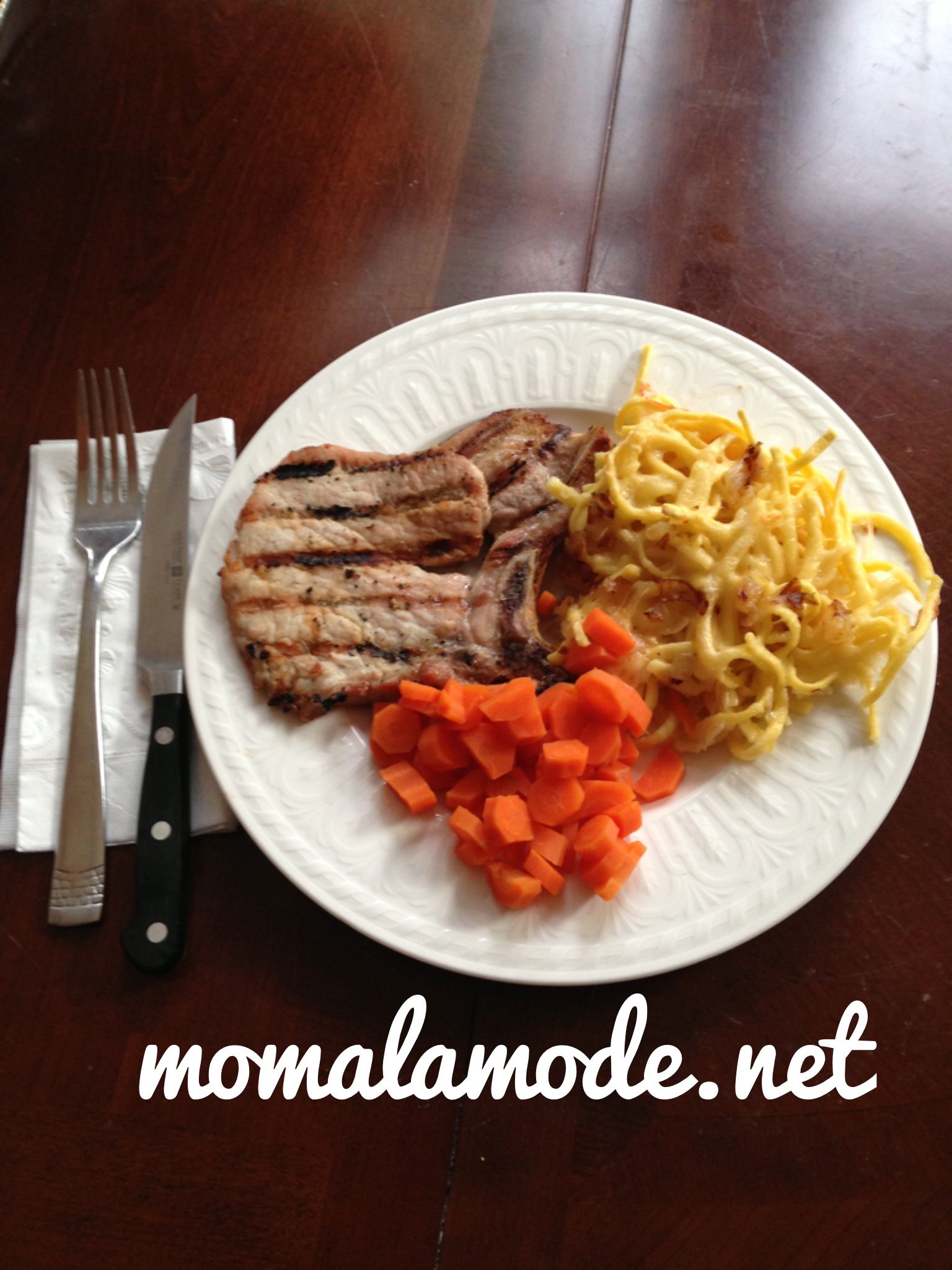 Grilled Pork Chop with Spaetzle and Carrots