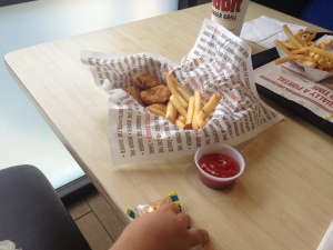 Chicken nuggets and fries for the little guy.